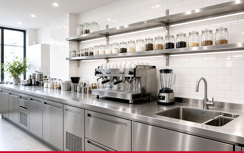 Thiết kế thi công quầy bar cafe trà sữa inox công nghiệp